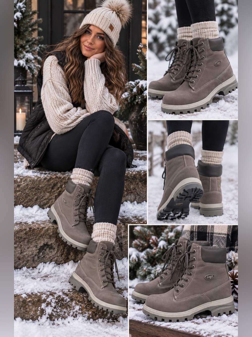 Lugz Women’s Taupe Lace Up Lug Sole Boots Slip Resistant Memory Foam Size 6.5